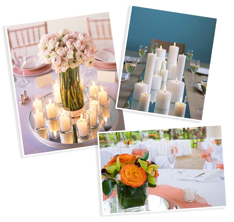 Vases and candles on centerpiece mirrors